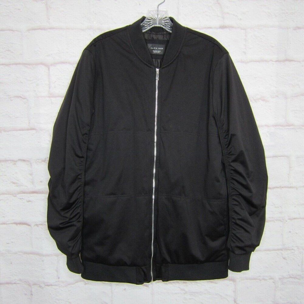 Zara Man Men's size L Black Ruched Sleeve Bomber Jacket
